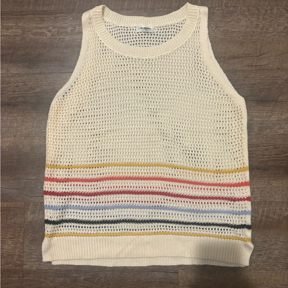 Zeagoo Cream Knit Tank Top with Multicolor Stripes